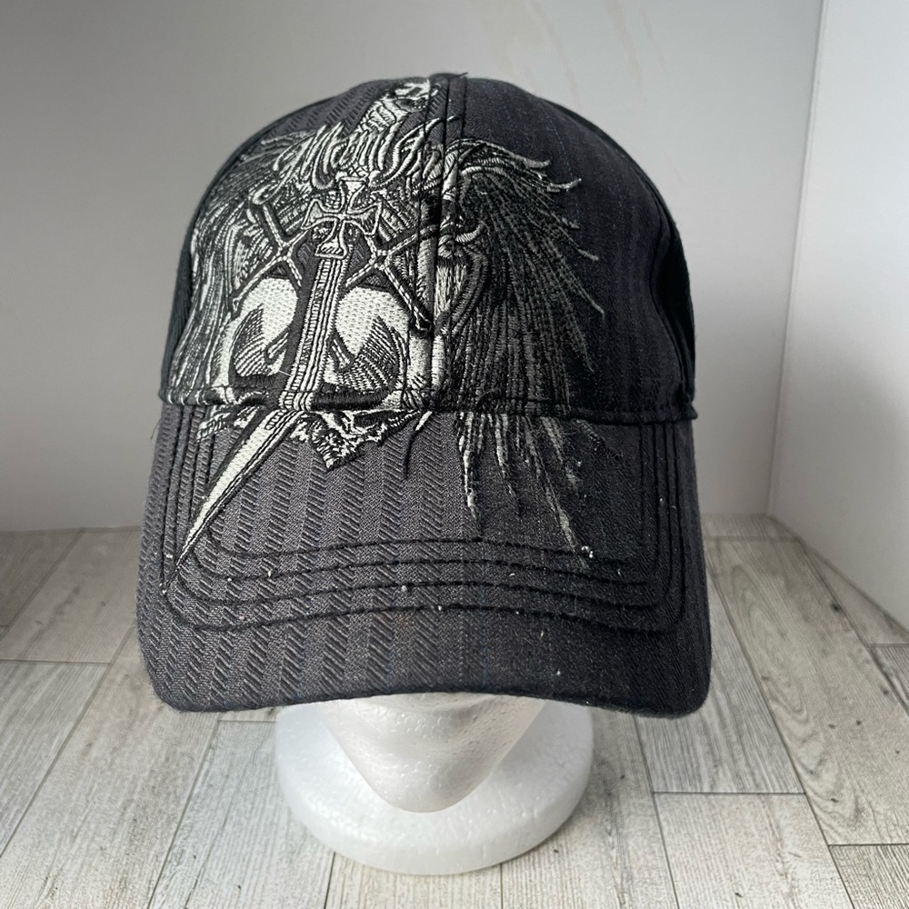 Miami Ink Black Plaid Cap A-Flex Fitted Hat Tattoo Sword W/Wings Skull Hat